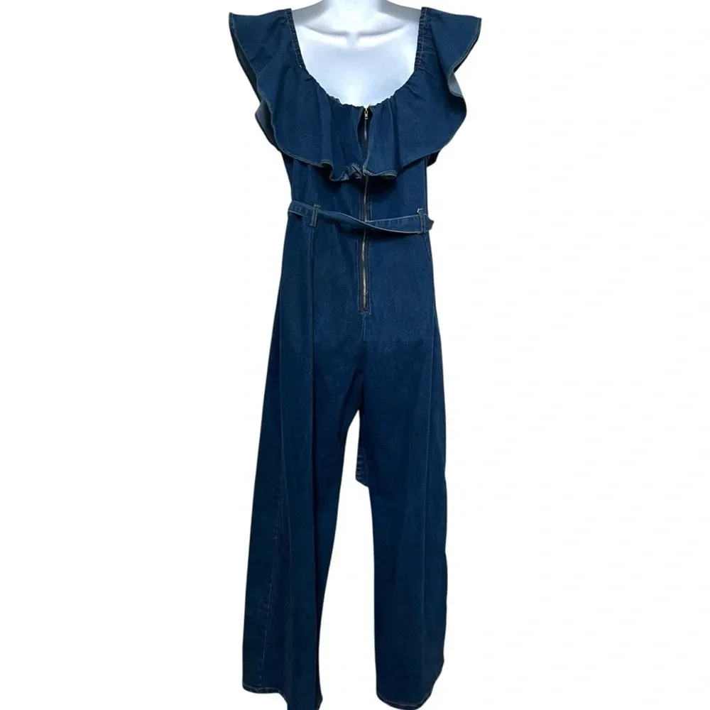 Denim Wide Leg‎ Ruffle Neckline Jumpsuit Size 3XL